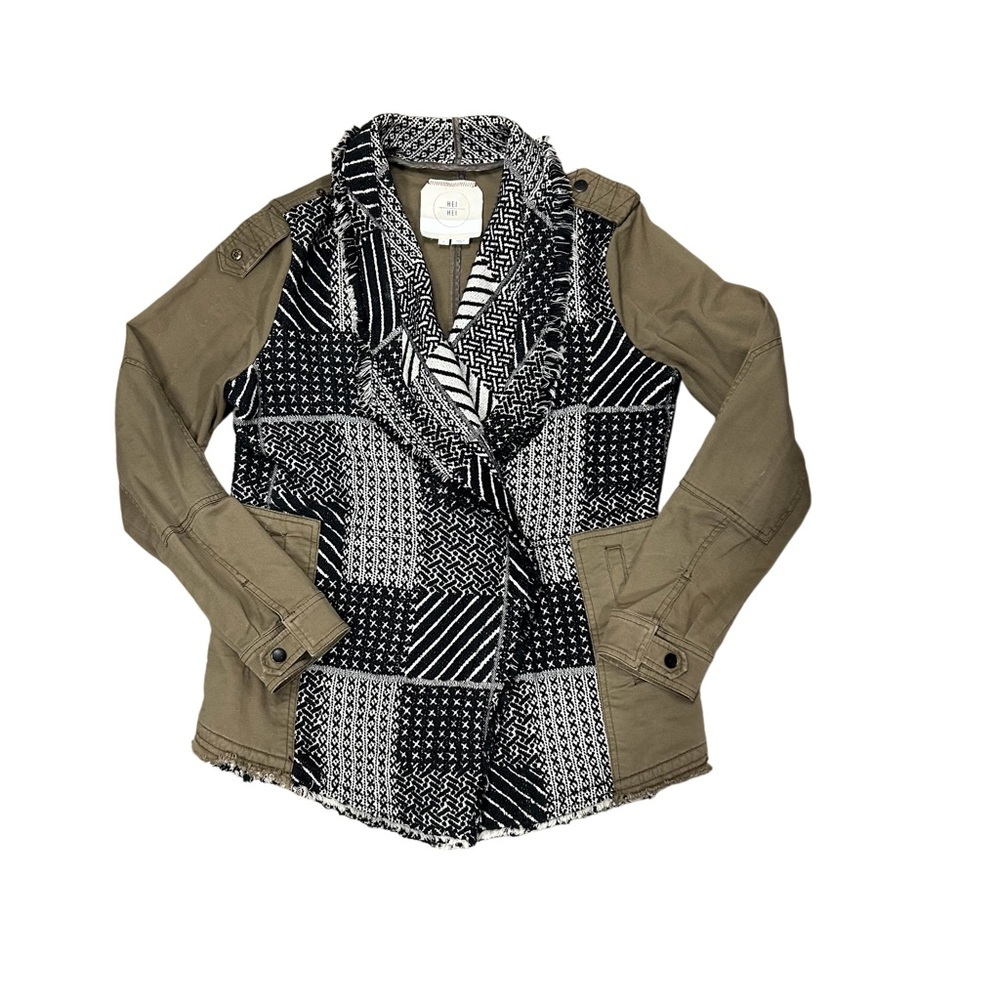 ANTHROPOLOGIE Hei Hei Womens Small fringe fieldwork jacket Green Black White EUC
